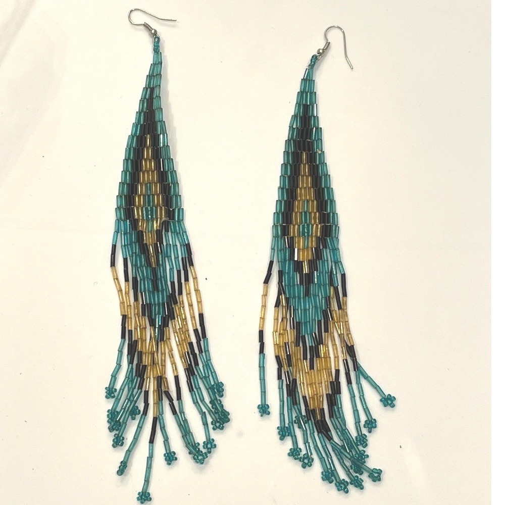 Handmade Beaded‎ Fringe Earrings Turquoise Gold Black Geometric Shoulder Dusters